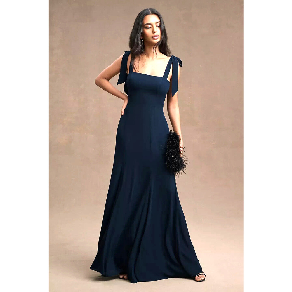 $248 BHLDN Clara Shoulder Tie Square Neck Georgette Gown in Navy 6 NEW